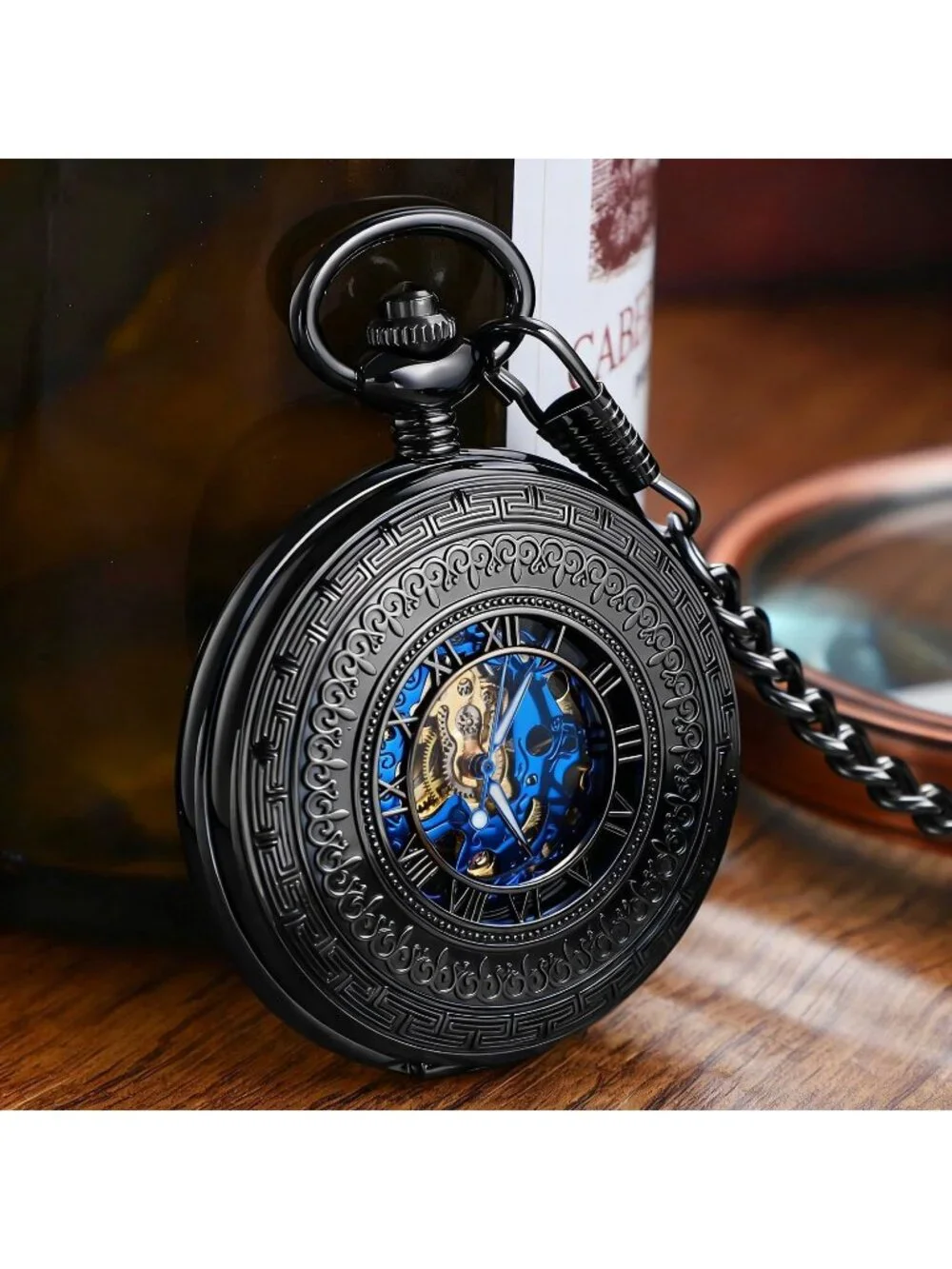Men's Black Vintage Style Hollow-Out Round Gear Arabic Mechanical Pocket Watch